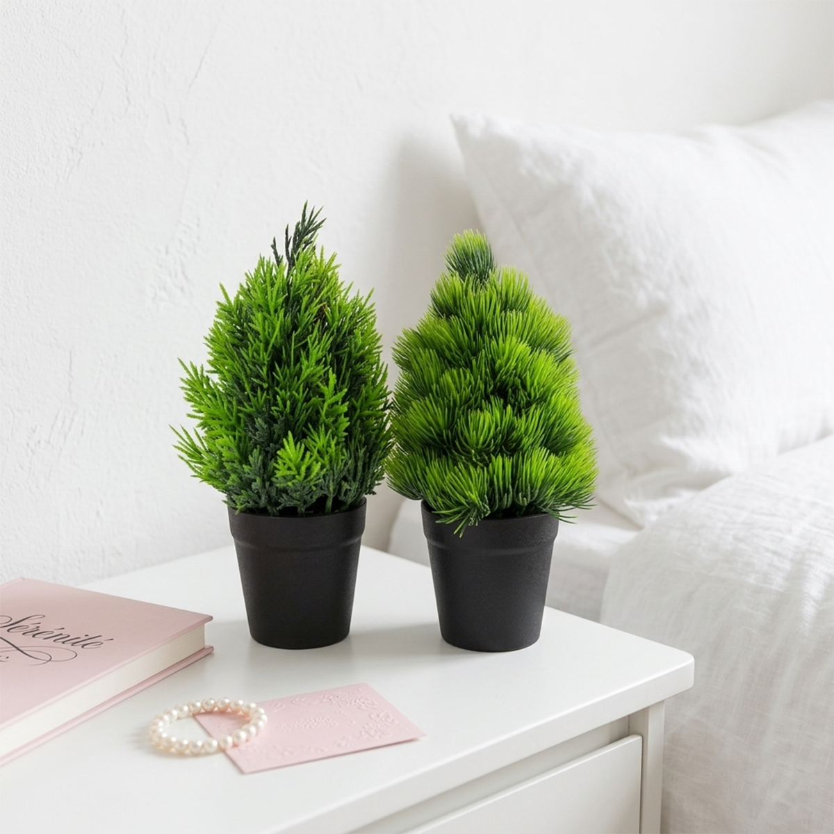 35 Set of 2 Mini Artificial Pine Trees in Black Pots - Realistic Faux Greenery Plants for Desk, Shelf, and Home Decor - Image 1