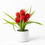 Plante Artificielle à Fleurs Rouges Pompons dans Pot en Céramique Blanche Côtelée - Décoration Moderne de Fausse Végétation pour Maison et Bureau – Image 2