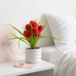 Plante Artificielle à Fleurs Rouges Pompons dans Pot en Céramique Blanche Côtelée - Décoration Moderne de Fausse Végétation pour Maison et Bureau