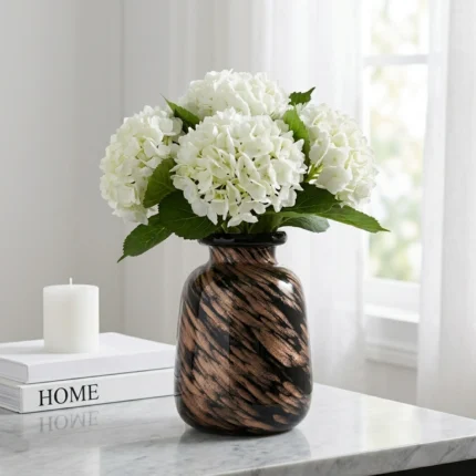 Vase en Verre Moderne Noir et Bronze à Motifs Tourbillonnants - Pièce Centrale Marbrée Décorative pour Hortensias et Décoration Intérieure.