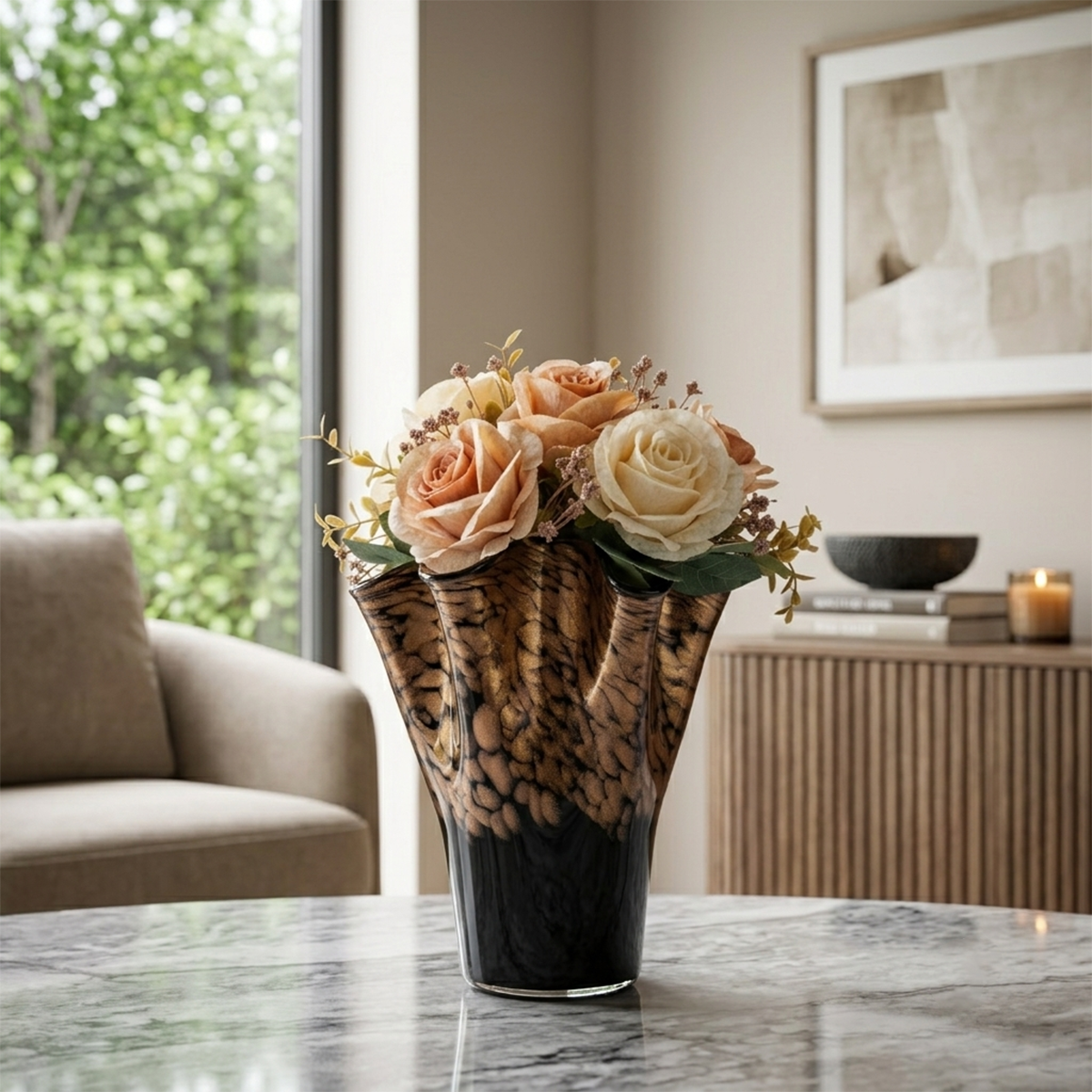 39 Vase en Céramique Moderne Évasé avec Émail Texturé Brun et Noir - Pièce Centrale Florale Décorative pour Salon et Salle à Manger. – Image 1