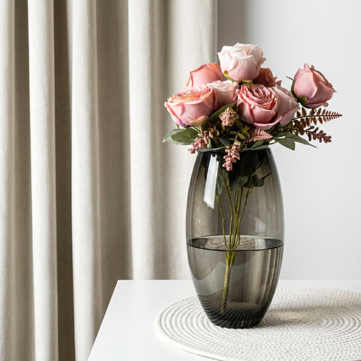42 Vase en Verre Côtelé Noir Fumé Élégant - Vase à Fleurs Ovale Moderne pour la Décoration Intérieure. – Image 1