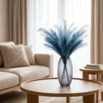 Vase en Verre Texturé Bleu Moderne avec Herbe de la Pampa Teintée - Grande Pièce Centrale Florale Séchée pour la Décoration du Salon.