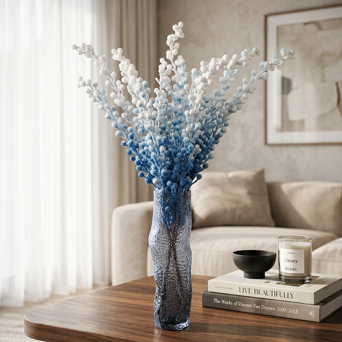 46 Vase en Verre Texturé Bleu Ombre Moderne avec Tiges de Baies Flockées - Grand Arrangement Floral pour la Décoration Intérieure. – Image 1