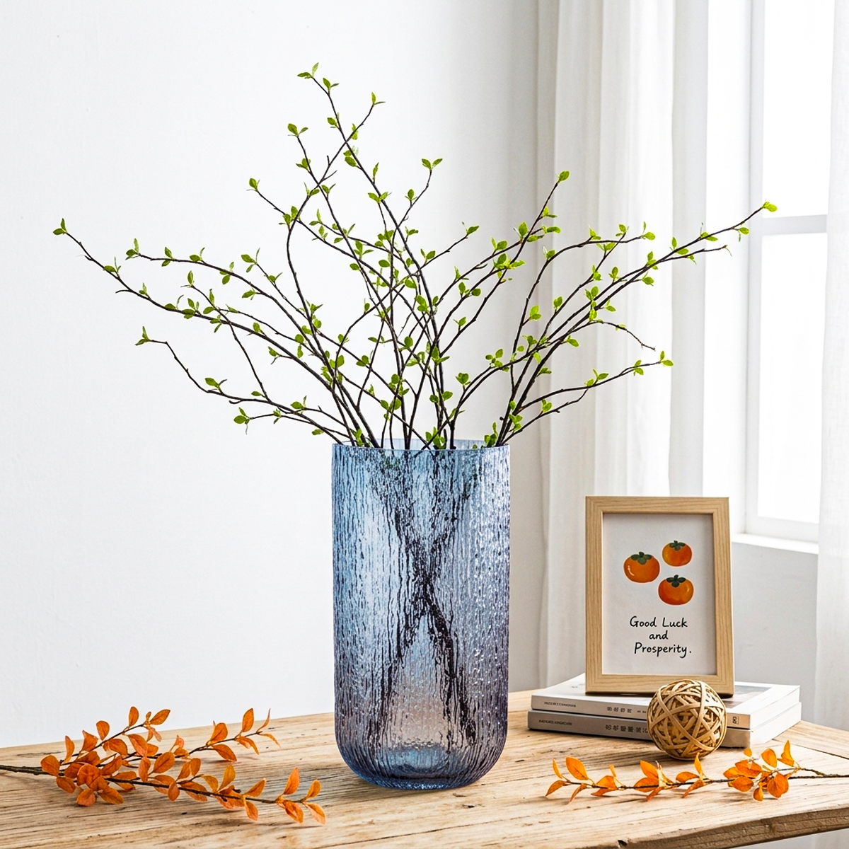 48 Grand Vase Cylindrique en Verre Texturé Bleu - Pièce Centrale Décorative Moderne pour Branches Séchées et Fleurs. – Image 1