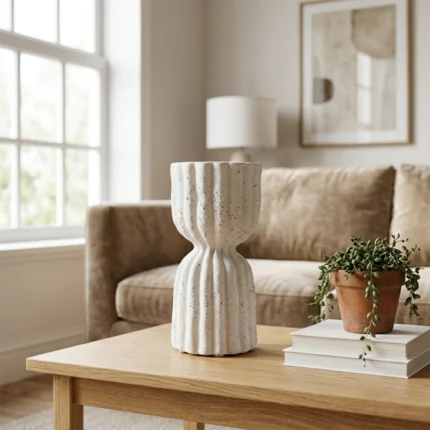 Vase en Céramique Moderne à Cannelures et Finition Mouchetée - Pièce Centrale Décorative Forme Sablier Crème pour Salon