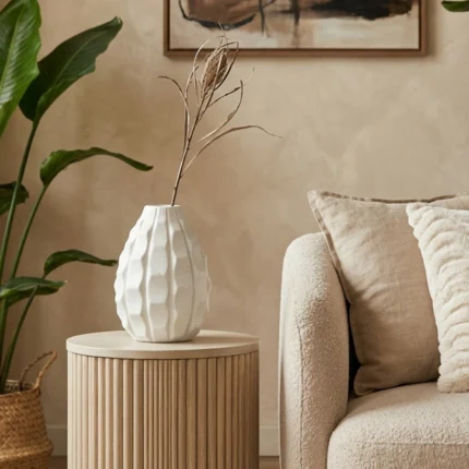 Modern White Geometric Ceramic Vase - Textured Faceted Bud Vase for Dried Flowers and Minimalist Home Decor.