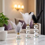 Set of 3 Crystal Sphere and Feather Table Decor.