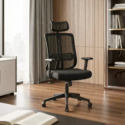 Chaise de Bureau Ergonomique à Dossier Haut en Maille avec Appui-Tête Réglable et Support Lombaire - Noir.