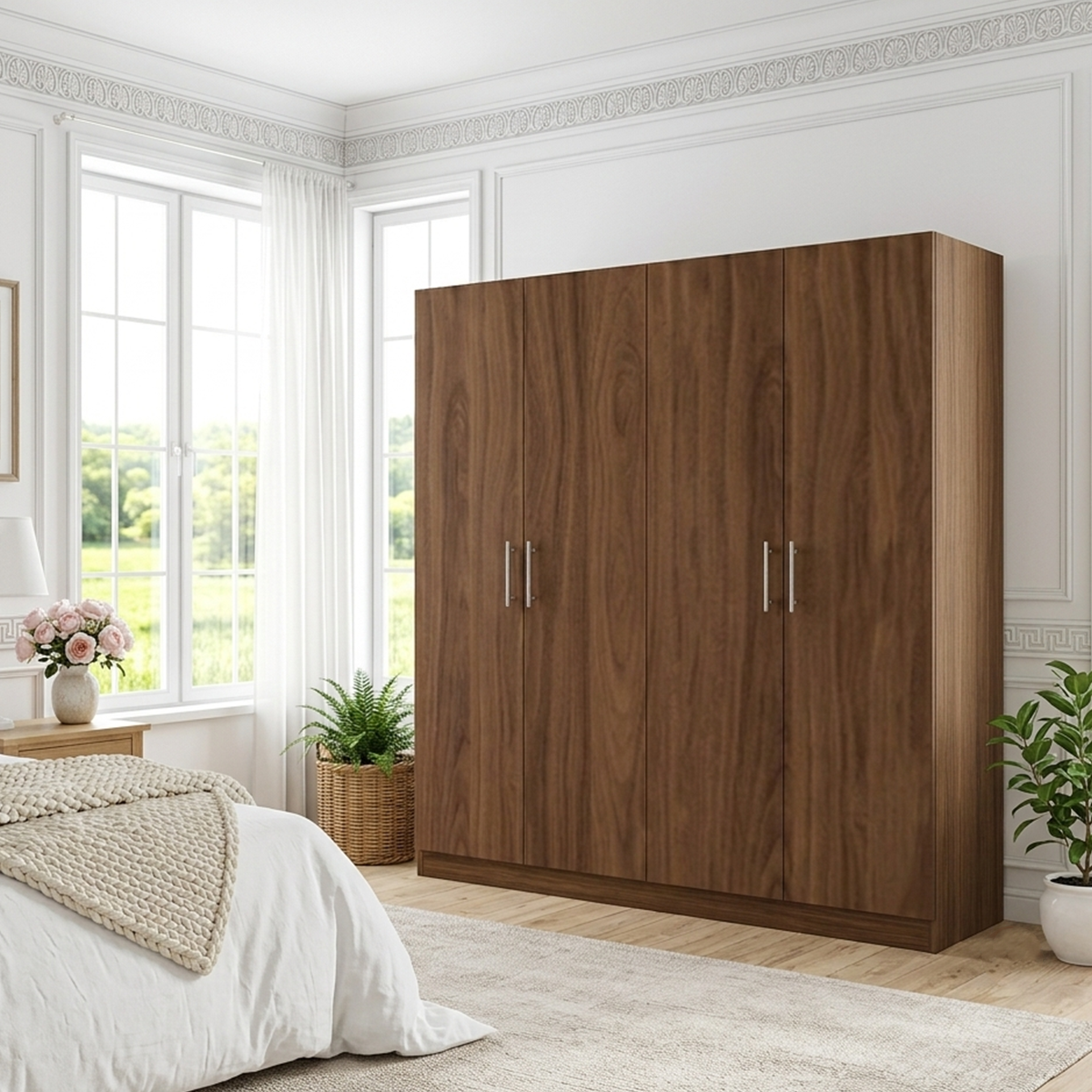 03-1 Armoire Moderne 4 Portes en Mélaminé Finition Noyer - Grand Meuble de Rangement pour Chambre avec Étagères, Hauteur 175 cm. – Image 1