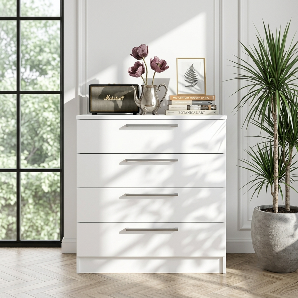 04-1 Commode Moderne Blanche à 4 Tiroirs - Meuble de Rangement en Bois Mélaminé avec Poignées Argentées. – Image 1