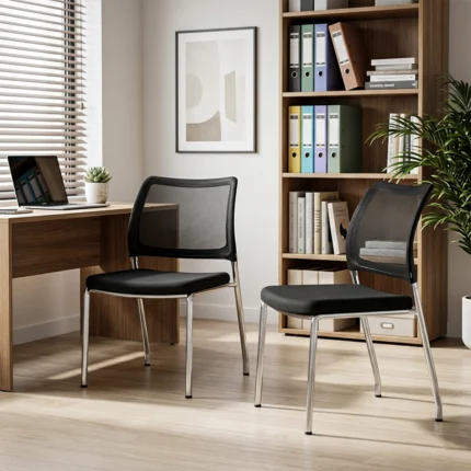 Chaise de Bureau Moderne sans Accoudoirs en Maille - Chaise Visiteur Noire avec Pieds Chromés et Assise Rembourrée.