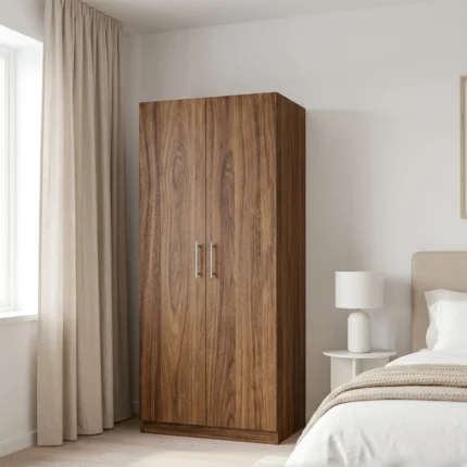 Armoire Moderne 2 Portes Finition Bois de Noyer - Meuble de Rangement Compact en Bois Mélaminé.