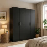 Armoire Moderne Noire à 4 Portes - Grand Meuble de Rangement en Bois Mélaminé avec Étagères pour Chambre.