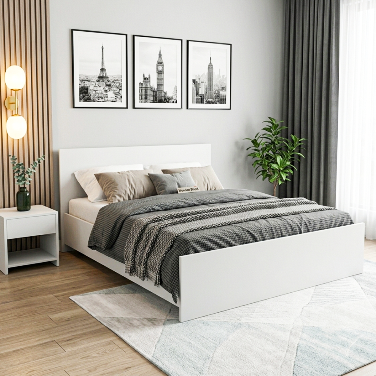 06-1 Cadre de Lit King Size 160cm Moderne Blanc - Lit Plateforme en Bois Mélaminé. – Image 1