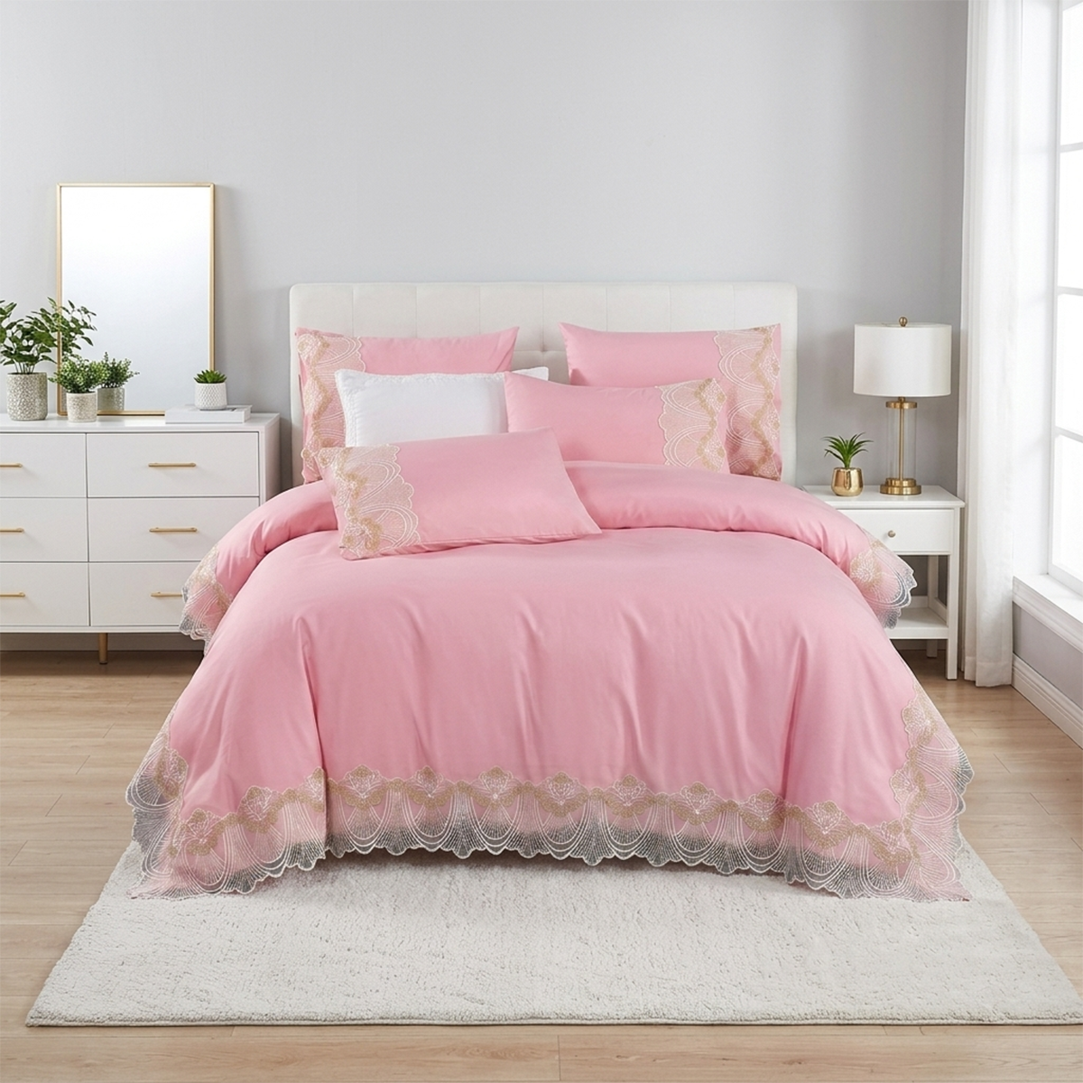 06-1 Ensemble de Literie en Coton Rose 6 Pièces Turkey Fashion avec Bordure en Dentelle Élégante - Housse de Couette, Drap-housse et 4 Taies d'Oreiller. – Image 1