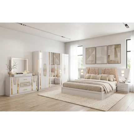 Modern Luxury 5-Piece King Bedroom Set in Cream and Gold with LED Lighting - Includes Wardrobe, Vanity Dresser, and Nightstands
