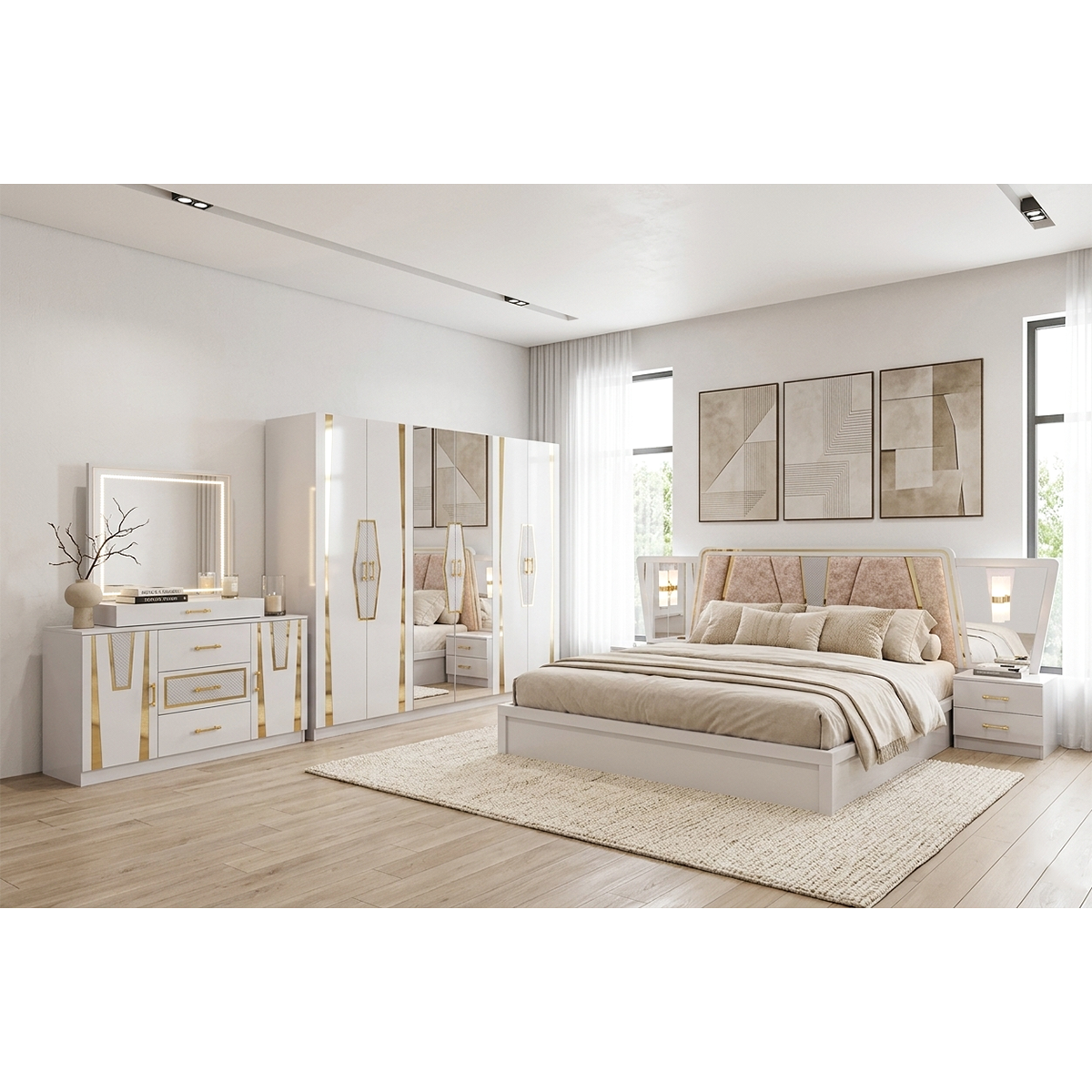20-1 Modern Luxury 5-Piece King Bedroom Set in Cream and Gold with LED Lighting - Includes Wardrobe, Vanity Dresser, and Nightstands - Image 1