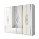 Modern Luxury 5-Piece King Bedroom Set in Cream and Gold with LED Lighting - Includes Wardrobe, Vanity Dresser, and Nightstands - Image 3