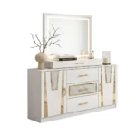 Modern Luxury 5-Piece King Bedroom Set in Cream and Gold with LED Lighting - Includes Wardrobe, Vanity Dresser, and Nightstands - Image 4