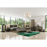 Ensemble de Chambre à Coucher de Luxe Moderne 9 Pièces pour Lit King Size en Gris et Or - Comprend Armoire, Coiffeuse avec Miroir, Banc de Rangement et Commodes.