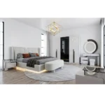 Ensemble de Chambre à Coucher de Luxe Moderne 7 Pièces pour Lit King Size en Blanc avec Éclairage LED - Comprend Armoire, Coiffeuse avec Miroir, Banc de Rangement et Tables de Nuit.