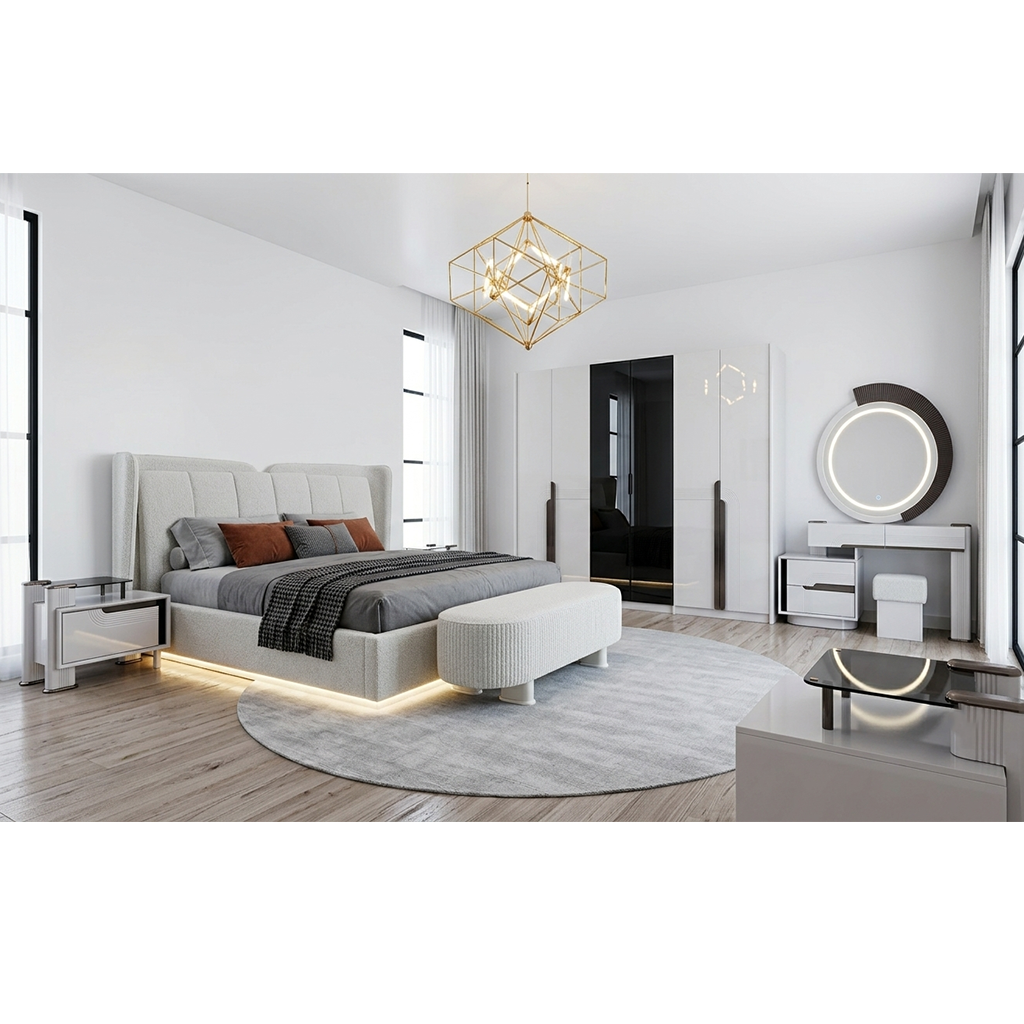 22-1 Ensemble de Chambre à Coucher de Luxe Moderne 7 Pièces pour Lit King Size en Blanc avec Éclairage LED - Comprend Armoire, Coiffeuse avec Miroir, Banc de Rangement et Tables de Nuit. – Image 1