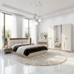 Ensemble de Chambre à Coucher Moderne 5 Pièces pour Lit King Size en Blanc et Beige avec Tête de Lit LED.