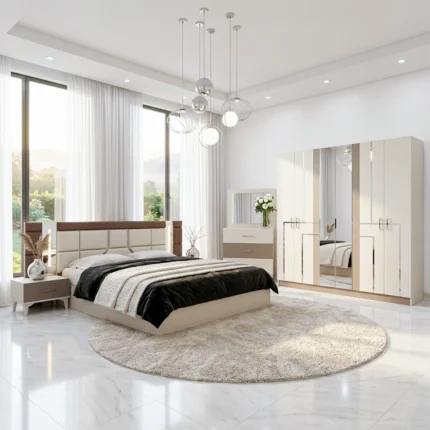Ensemble de Chambre à Coucher Moderne 5 Pièces pour Lit King Size en Blanc et Beige avec Tête de Lit LED.