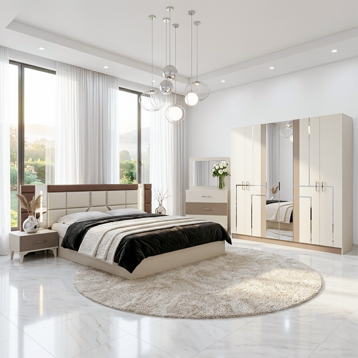 23-1 Ensemble de Chambre à Coucher Moderne 5 Pièces pour Lit King Size en Blanc et Beige avec Tête de Lit LED. – Image 1