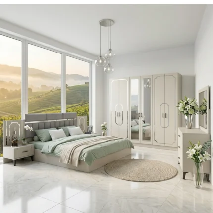 Ensemble de Chambre à Coucher Moderne 5 Pièces pour Lit King Size en Beige et Gris avec Accents LED - Comprend Armoire, Coiffeuse et Commodes.