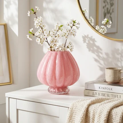 Vase en Verre Côtelé Rose Moderne - Vase à Fleurs Décoratif pour la Décoration Intérieure et les Centres de Table.