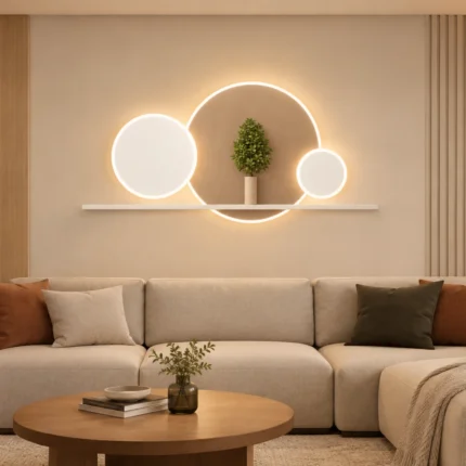 Eclipse & Végétal – Étagère Murale Lumineuse & Cercles LED