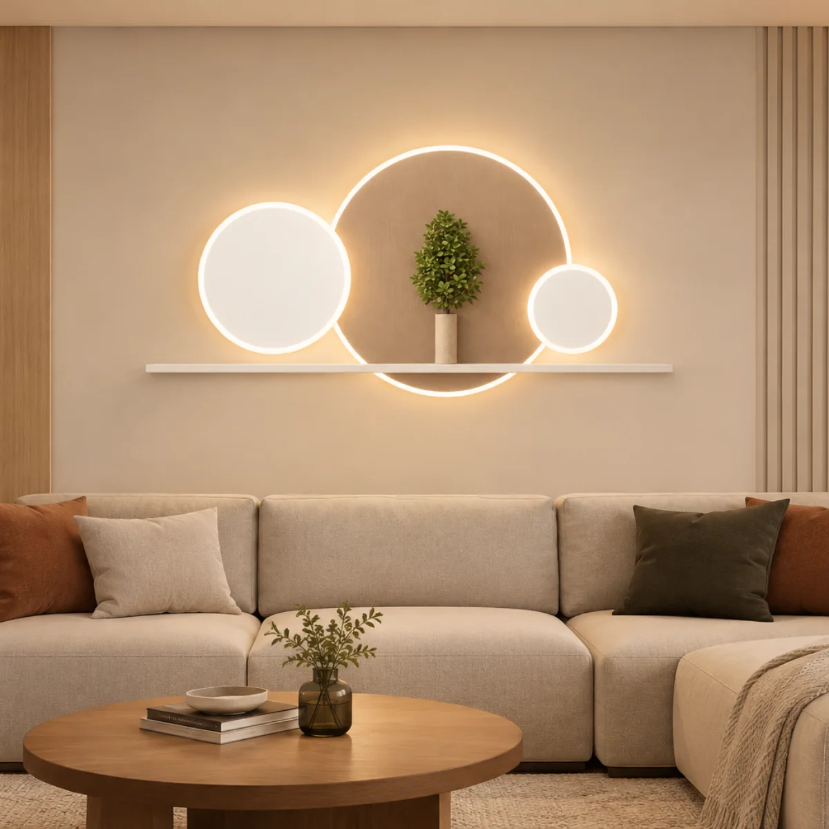 6 Eclipse & Végétal – Étagère Murale Lumineuse & Cercles LED – Image 1